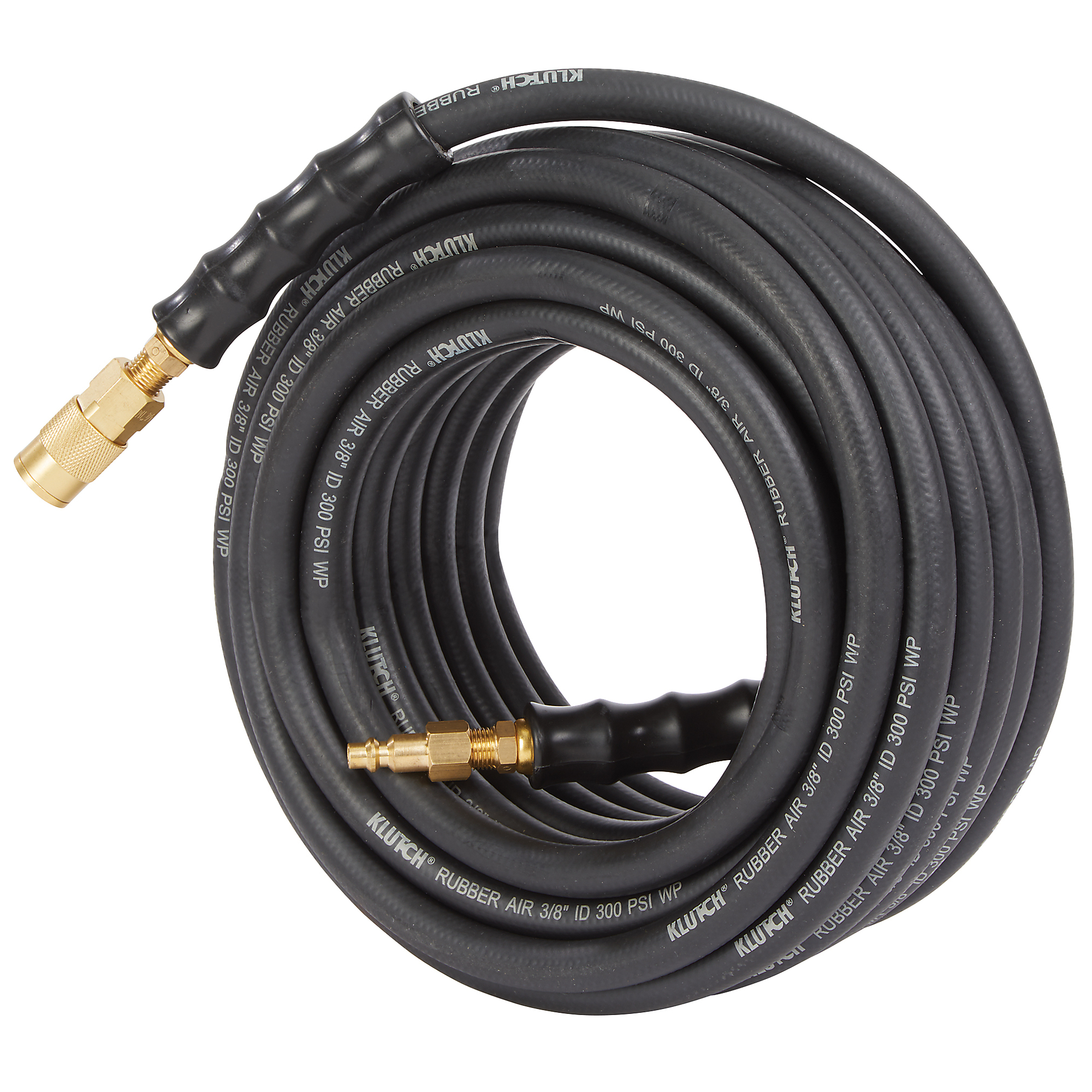 Klutch 3/8in. x 50ft. Rubber Air Hose with 1/4in. Quick-Connect Fittings, 300 PSI, Black